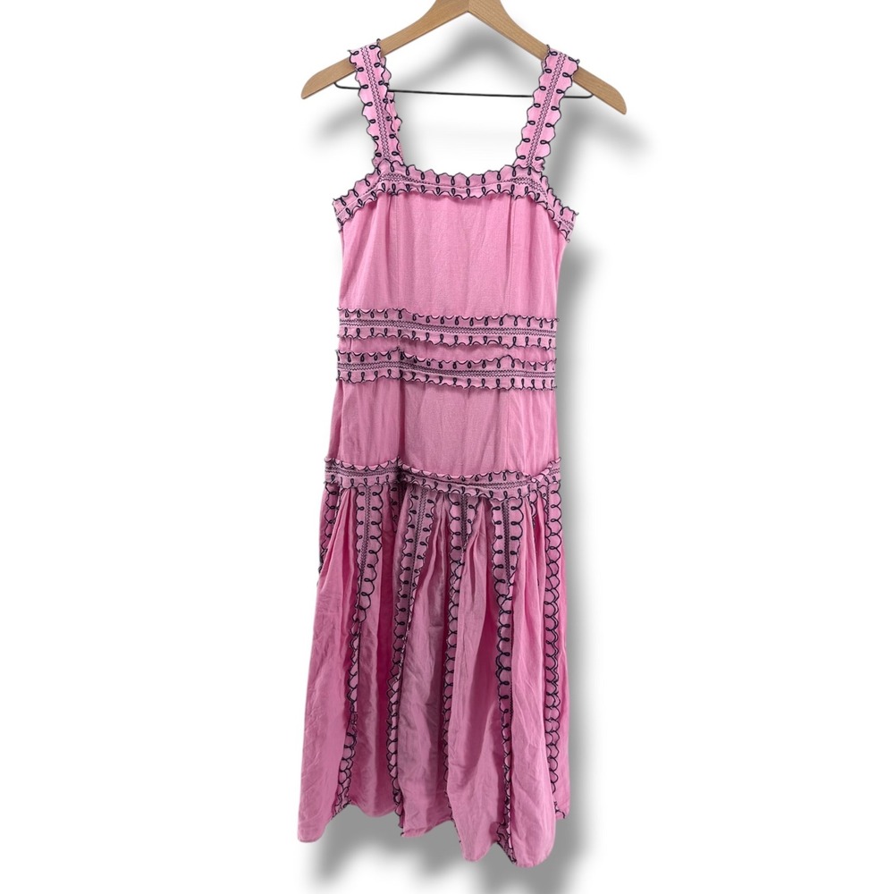Never A Wallflower Dress Womens Small Pink Navy Scalloped Trim Midi Smocked